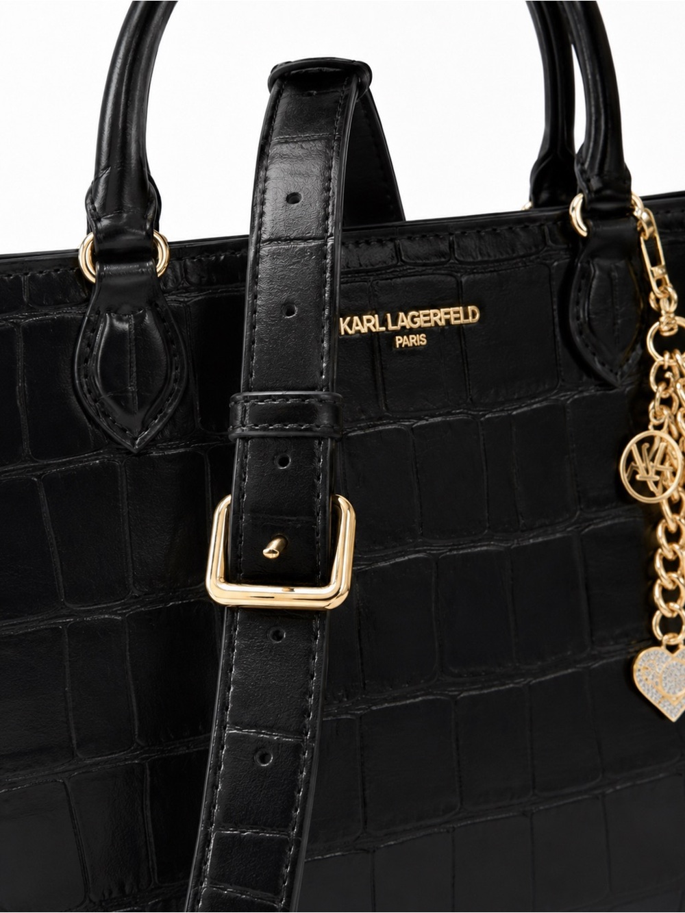 Karl Lagerfeld Black Croc-Embossed Satchel with Gold Charm - Picture 5 of 14